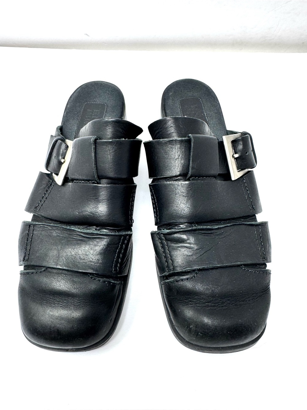 ENZO ANGIOLINI distressed black leather mules, size 8.5